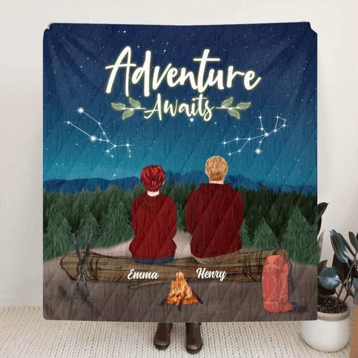 Custom Personalized Adventure Together Couple Pillow Cover & Quilt/ Fleece Blanket - Couple With Upto 6 Pets - Gift Idea For Couple - Adventure Awaits