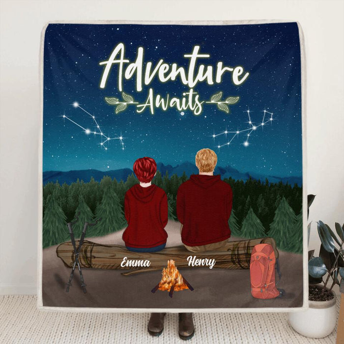 Custom Personalized Adventure Together Couple Pillow Cover & Quilt/ Fleece Blanket - Couple With Upto 6 Pets - Gift Idea For Couple - Adventure Awaits