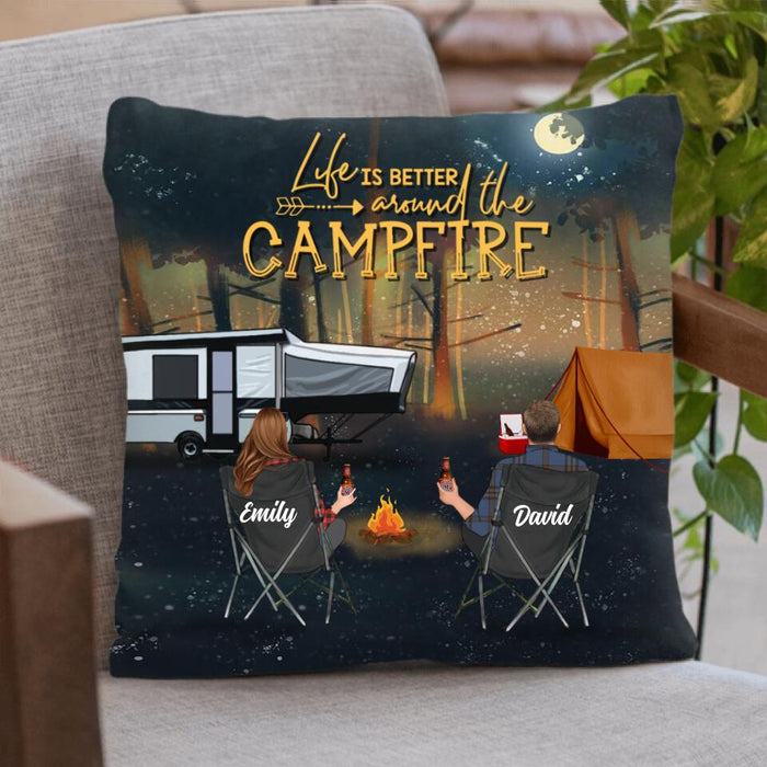 Personalized Night Camping Pillow Cover - Couple/Parents With Up to 4 Kids And 4 Pets - Gift For Camping Lover - Life Is Better Around The Campfire