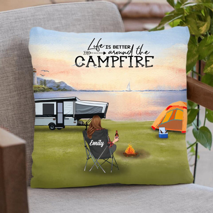 Custom Personalized Camping Pillow Cover - Full Option - Best Gift For Camping Family/Couple/Single Parent/Solo - Upto 4 Kids and 3 Pets - Life Is Better Around The Campfire