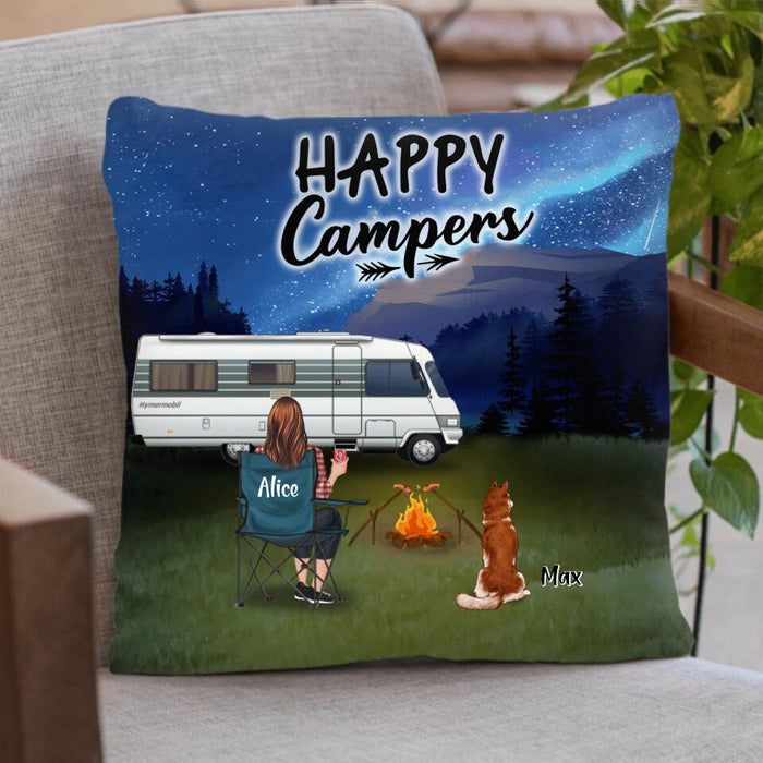 Custom Personalized Camping Pillow Cover - Single/ Couple With Upto 6 Pets - Gift Idea For Camping Lover/ Valentine's Day - Happy Campers