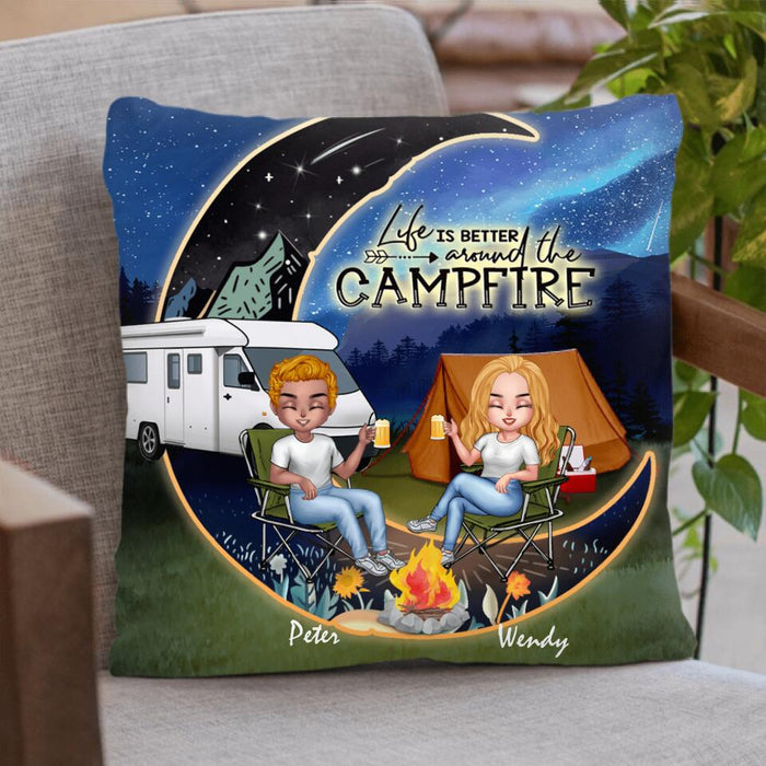Custom Personalized Camping Moon Night Couple Valentine's Day Round Pillow - Couple With Upto 2 Dogs - Gift Idea For Camping Lover - Life Is Better Around The Campfire