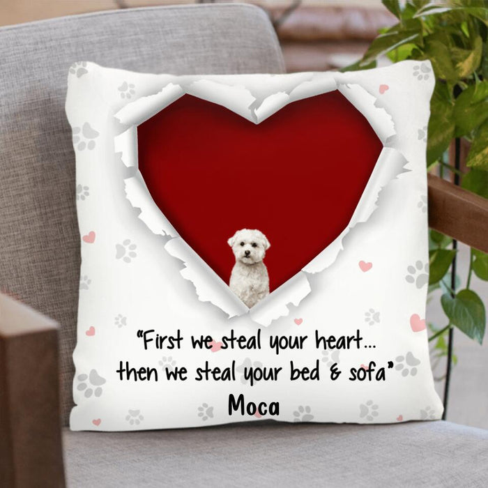 Custom Personalized Dog Pillow Cover Cushion Cover - Gift for Dog Lovers - Up to 3 Dogs - First we steal your heart