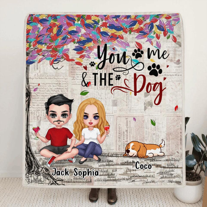 Custom Personalized Couple And Dogs Quilt/Fleece Blanket & Pillow Cover - Upto 5 Dogs - Best Gift For Couple/Dog Lovers - You And Me & The Dogs