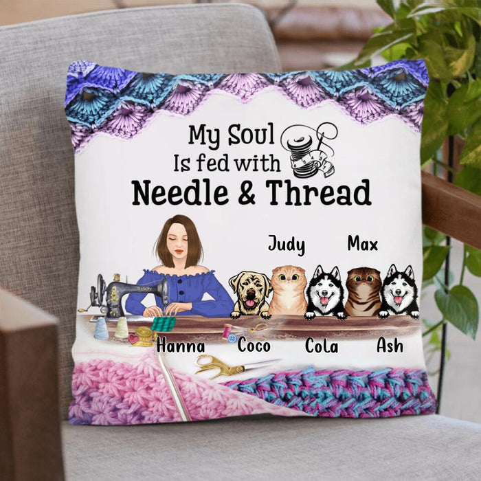 Custom Personalized Sewing Pillow Cover - Gift For Sewing Lovers with up to 5 Pets - My Soul Is Fed With Needle & Thread