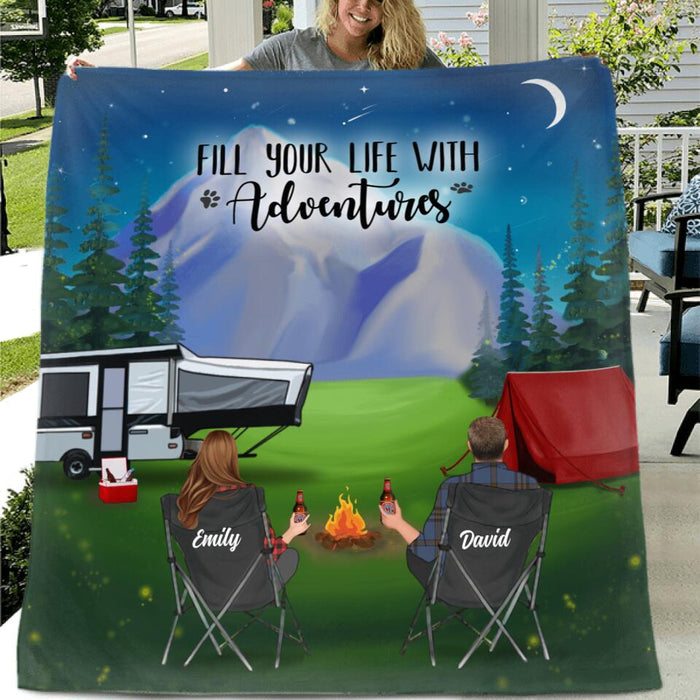 Custom Personalized Camping Pillow Cover & Fleece/ Quilt Blanket - Couple/ Parents With Upto 3 Kids And 4 Pets - Gift Idea For Camping Lover - Fill Your Life With Adventures