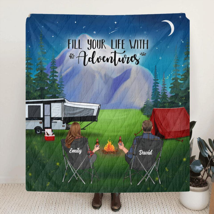Custom Personalized Camping Pillow Cover & Fleece/ Quilt Blanket - Couple/ Parents With Upto 3 Kids And 4 Pets - Gift Idea For Camping Lover - Fill Your Life With Adventures
