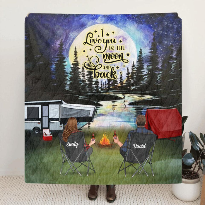 Custom Personalized Camping Moon Pillow Cover & Fleece/ Quilt Blanket - Couple/ Parents With Upto 3 Kids And 4 Pets - Gift Idea For Camping Lover - I Love You To The Moon And Back