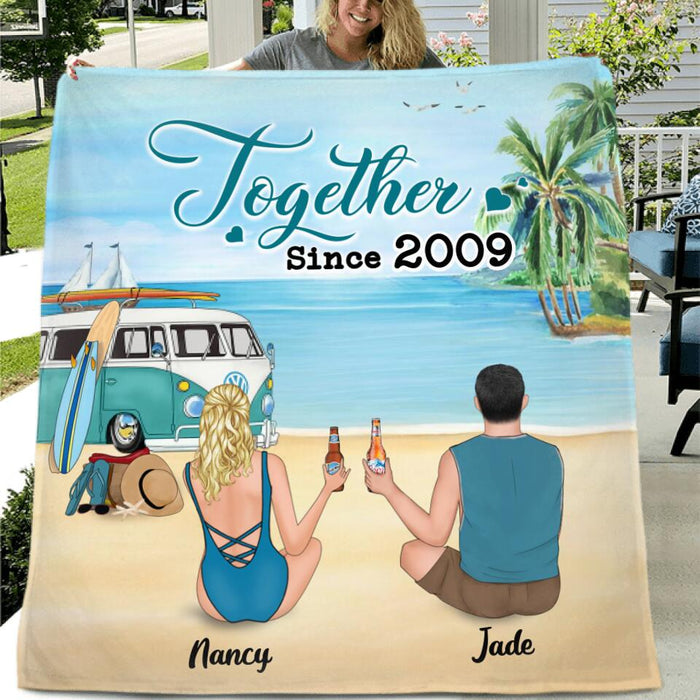 Custom Personalized Beach Camping Quilt/Fleece Blanket & Pillow Cover - Couple/Family With Upto 3 Kids And 3 Pets - Best Gift Idea For Camping/Dog/Cat Lover - This Is Our Happy Place