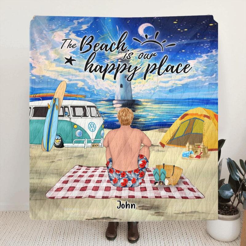 Personalized Camping Beach Quilt/Fleece Blanket & Pillow Cover - Up to 4 People - Best Gift For Camping Lovers - The Beach Is Our Happy Place