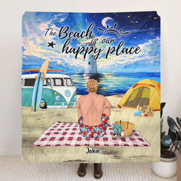 Custom Personalized Camping Beach Quilt/Fleece Blanket & Pillow Cover - Upto 4 People - Best Gift For Camping/Couple Lover - The Beach Is Our Happy Place