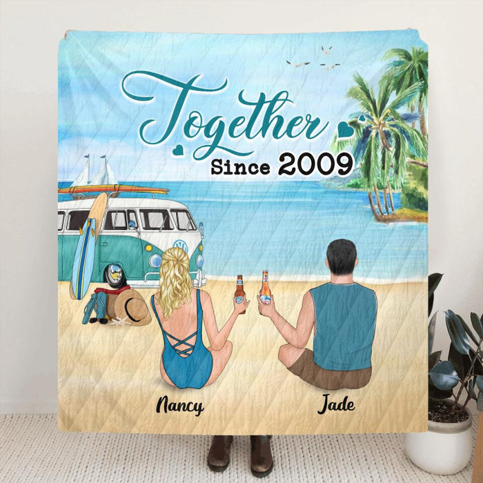 Personalized Beach Camping Quilt/Fleece Blanket/Pillow Cover - Couple/Family With Up to 3 Kids And 3 Pets - Best Gift Idea For Camping/Dog/Cat Lover - This Is Our Happy Place