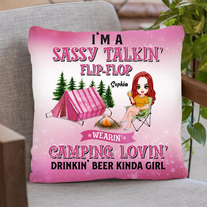 Custom Personalized Camping Girl Pillow Cover & Fleece/ Quilt Blanket - Gift Idea For Camping Lovers - I'm A Sassy Talkin' Flip - Flop Camping Lovin' Drinkin' Beer Kinda Girl