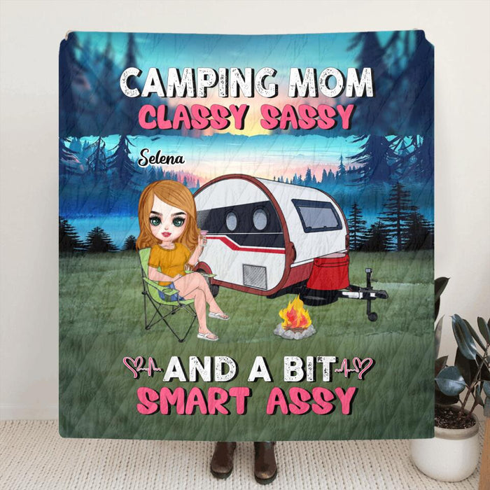 Custom Personalized Camping Mom Pillow Cover & Fleece/ Quilt Blanket - Upto 3 Dogs - Gift Idea For Camping Lover/ Dog Lover/ Mother's Day - Camping Mom Classy Sassy And A Bit Smart Assy
