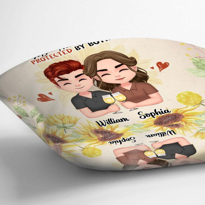 Custom Personalized Chibi Couple Pillow Cover - Gift Idea For Couple - Blessed By God, Spoiled By My Husband, Protected By Both