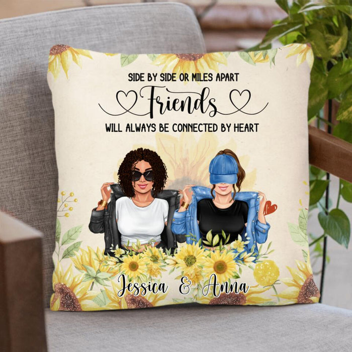 Custom Personalized Friends Pillow Cover - Upto 4 Girls - Gift Idea For Best Friends - Side By Side Or Miles Apart Friends Will Always Be Connected By Heart