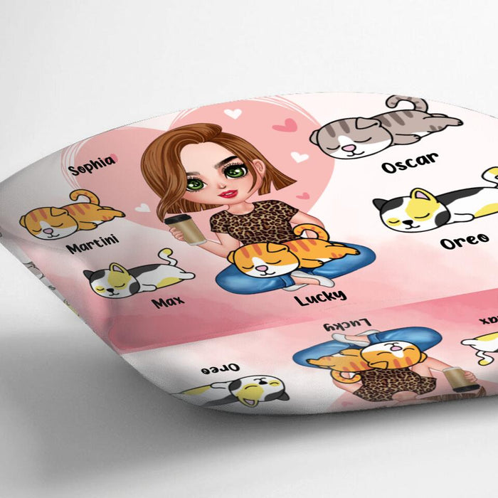 Custom Personalized Cat Mom Pillow Cover - Gift Idea For Cat Owner with up to 5 Cats - Her Cats Were Asleep On Her Lap