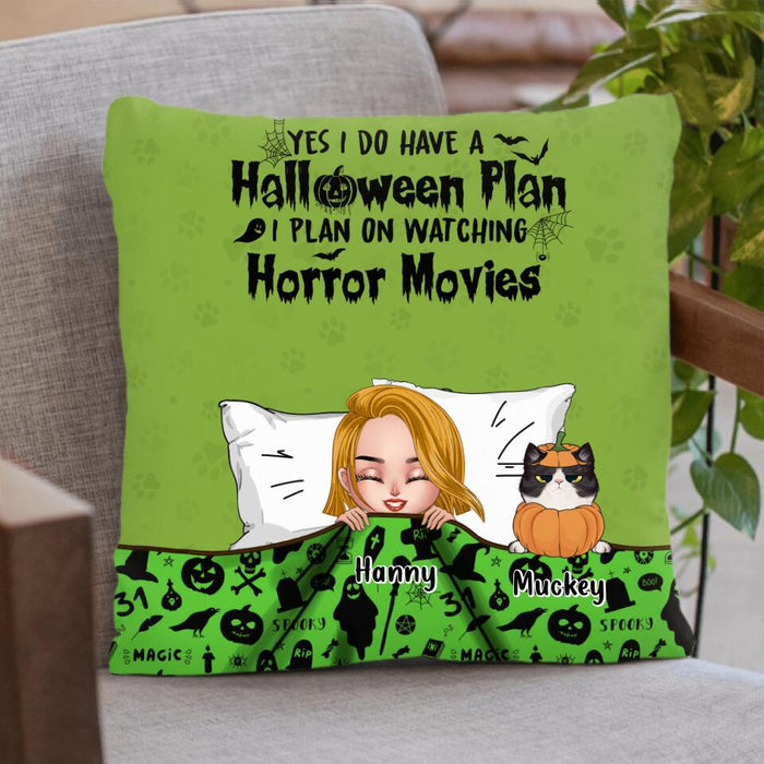 Custom Personalized Sleeping Girl Pillow Cover & Fleece/ Quilt Blanket - Halloween Gift For Girl/ Dog, Cat Lover With Upto Pets - Yes I Do Have A Halloween Plan