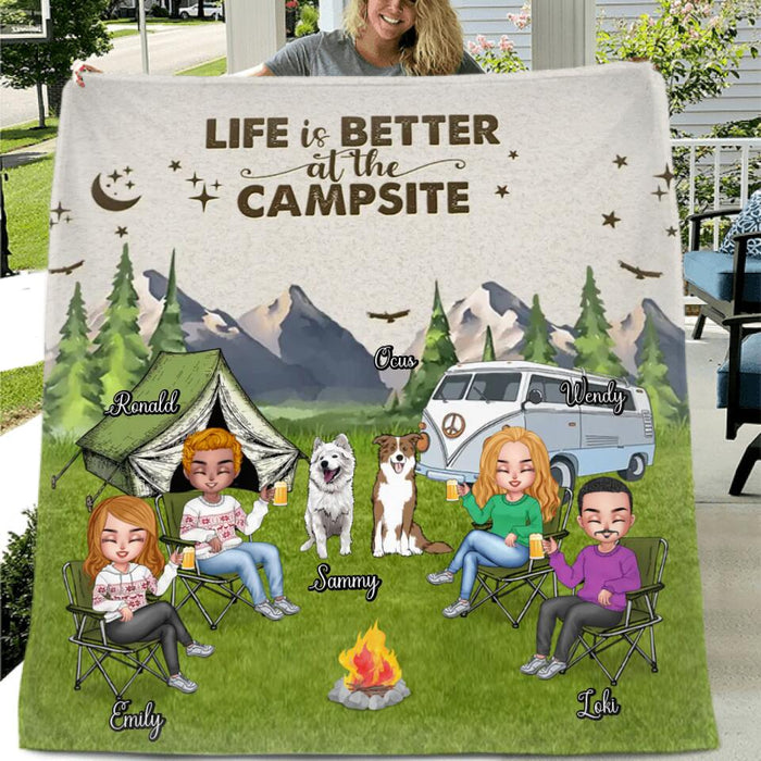 Custom Personalized Camping Quilt/Fleece Blanket/Pillow Cover - Upto 4 People and 2 Pets - Gift Idea For Couple/Camping/Dog/Cat Lovers - Life Is Better At The Campsite