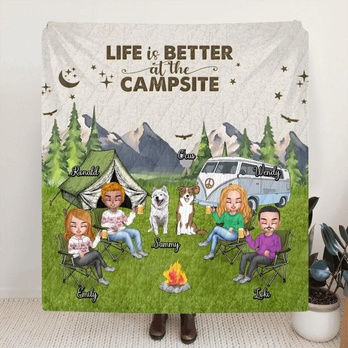 Custom Personalized Camping Quilt/Fleece Blanket/Pillow Cover - Upto 4 People and 2 Pets - Gift Idea For Couple/Camping/Dog/Cat Lovers - Life Is Better At The Campsite