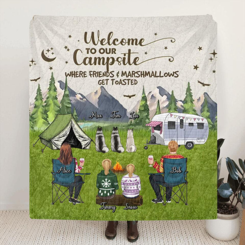 Personalized Camping Quilt/Fleece Blanket/Pillow Cover - Adult/Couple/Single Parent/Parents with Up to 3 Pets - Gift Idea For Couple/Camping/Dog/Cat Lovers - Welcome To Our Campsite