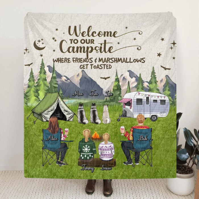 Custom Personalized Camping Quilt/Fleece Blanket/Pillow Cover - Adult/Couple/Single Parent/Parents with Upto 3 Pets - Gift Idea For Couple/Camping/Dog/Cat Lovers - Welcome To Our Campsite