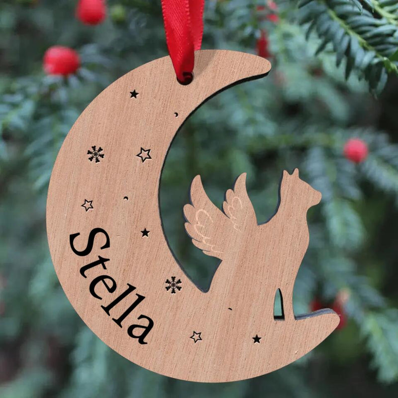 Personalized Memorial Cat Moon Wooden Ornament - Memorial Gift Idea For Cat Lovers