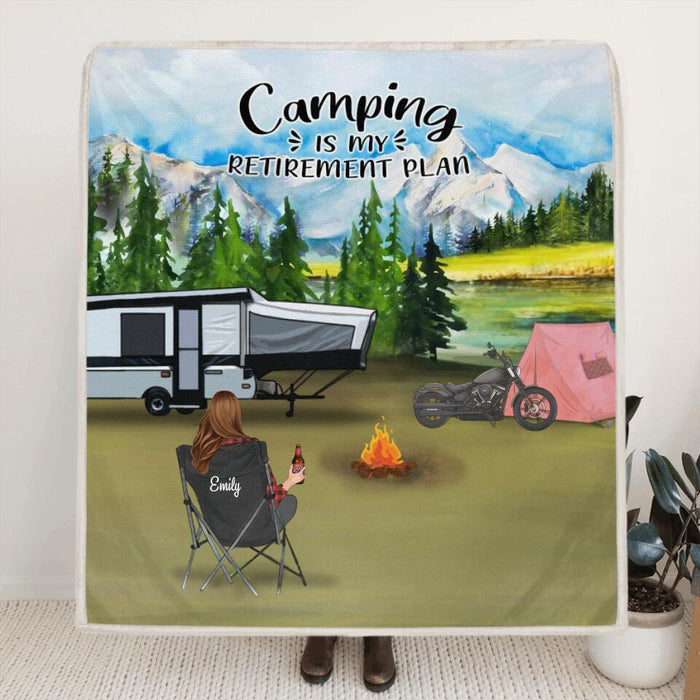 Custom Personalized Camping Quilt/ Fleece Blanket - Man/ Woman/ Couple With Upto 5 Pets - Best Gift For Camping Lover - Camping Is My Retirement Plan