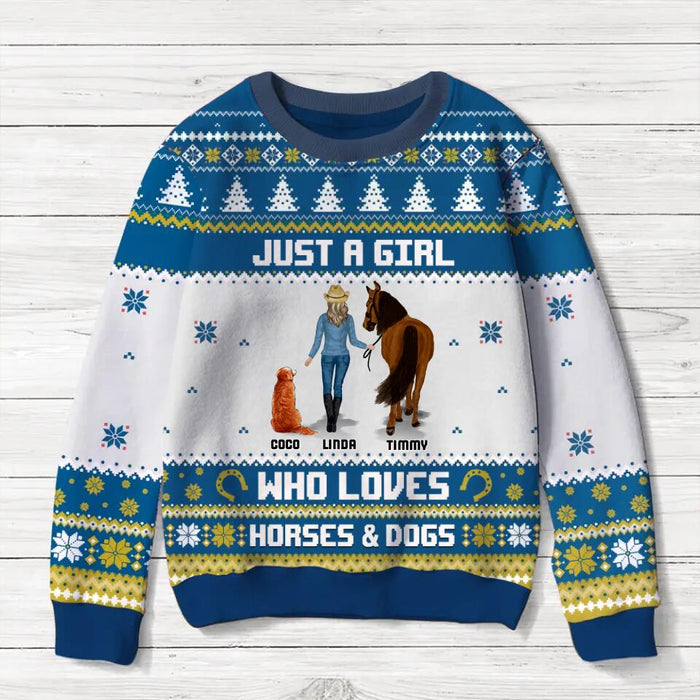 Personalized Horse And Dog All-Over Print Sweater - Man/Woman/Girl/Boy With Up to 2 Horses And 4 Dogs - Gift For Horse & Dog Lover - Just A Girl Who Loves Horses & Dogs