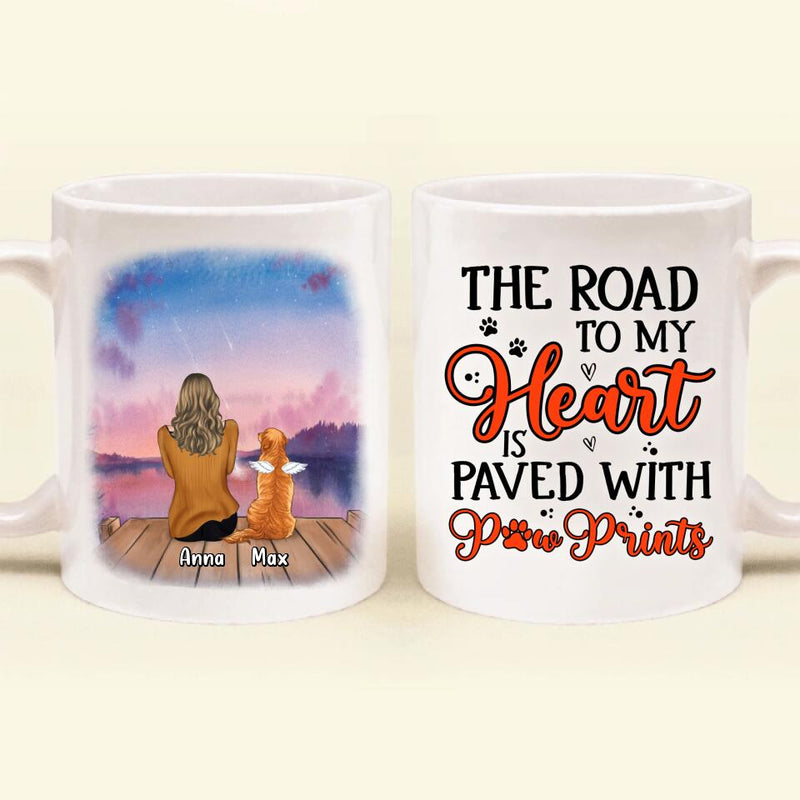 Personalized Dog Coffee Mug - Man/Woman With Up to 4 Dogs - Gift Idea For Dog Lover - The Road To My Heart Is Paved With Paw Prints