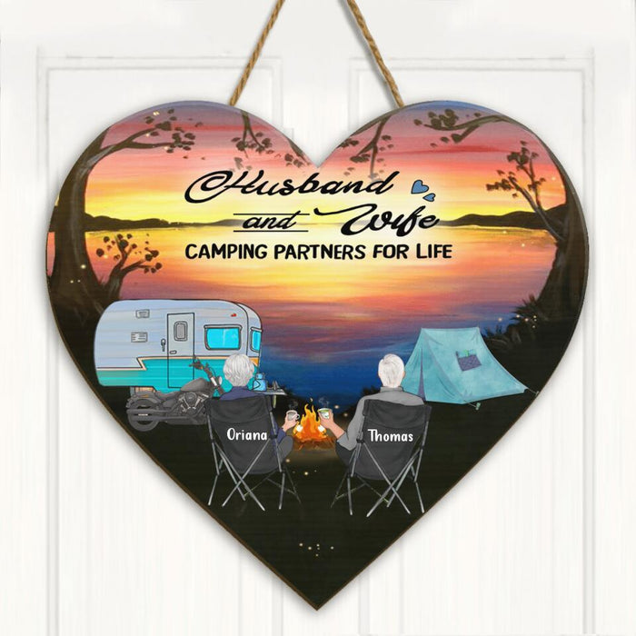 Custom Personalized Couple Camping Heart Door Sign - Gift For Camping Lover - Husband And Wife Camping Partners For Life