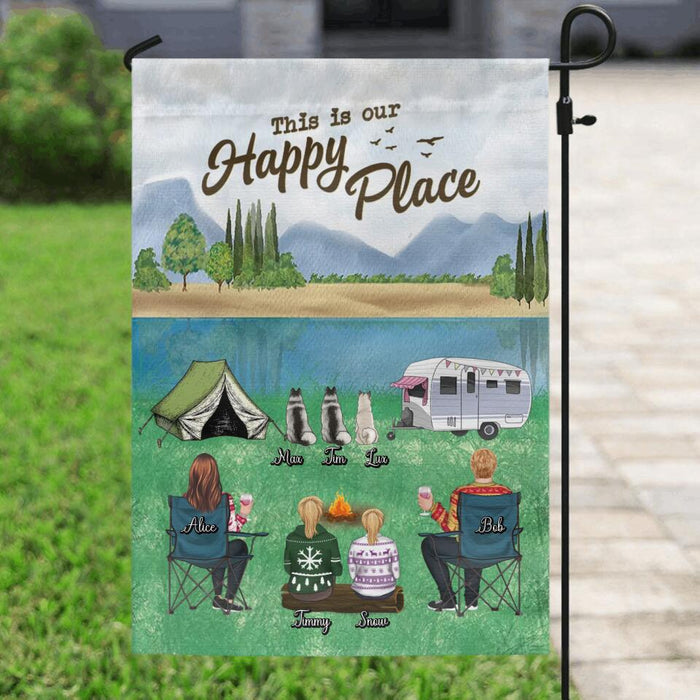 Custom Personalized Camping Flag Sign - Adult/ Couple/ Single Parent/ Parents With Upto 2 Kids And 3 Pets - Gift Idea For Couple/ Camping/ Dog/ Cat Lovers - This Is Our Happy Place
