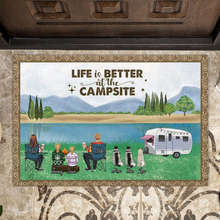 Custom Personalized Camping Doormat - Adult/ Couple/ Single Parent/ Parents With Upto 2 Kids And 3 Pets - Gift Idea For Couple/ Camping Lover - Life Is Better At The Campsite