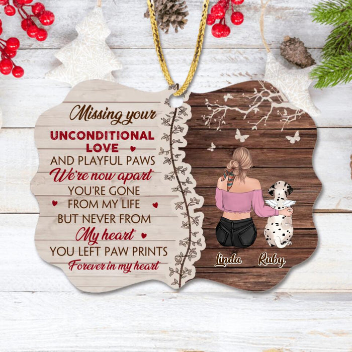 Custom Personalized Memorial Dog Mom Rectangle Wooden Ornament - Memorial Gift Idea For Dog Lovers/Owners - Upto 3 Dogs - You Left Paw Prints Forever In My Heart