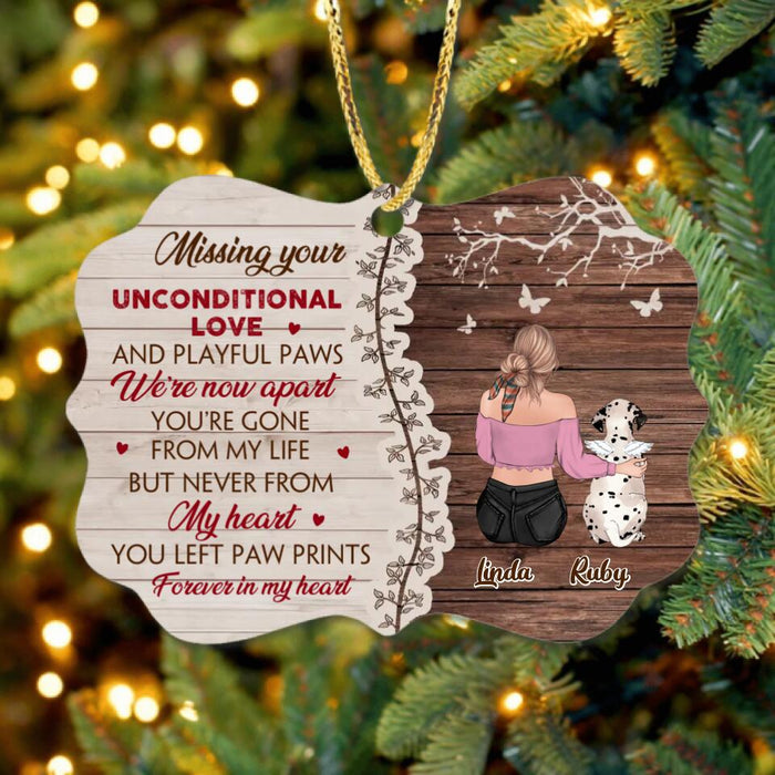 Custom Personalized Memorial Dog Mom Rectangle Wooden Ornament - Memorial Gift Idea For Dog Lovers/Owners - Upto 3 Dogs - You Left Paw Prints Forever In My Heart