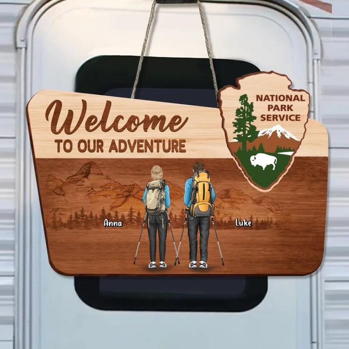 Custom Personalized Hiking Wooden Sign - Couple With Upto 3 Dogs - Gift Idea For Couple/ Hiking/ Dog Lover - Welcome To Our Adventure