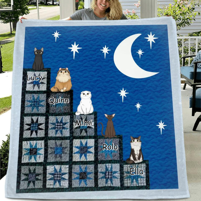 Custom Personalized Cat Stairway To Heaven Quilt/Fleece Blanket - Upto 5 Cats - Gift Idea for Cat Lovers