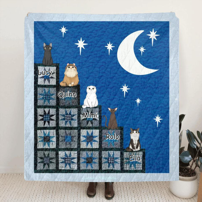 Custom Personalized Cat Stairway To Heaven Quilt/Fleece Blanket - Upto 5 Cats - Gift Idea for Cat Lovers