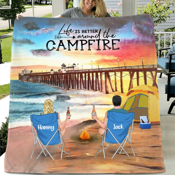 Custom Personalized Manhattan Beach Camping Fleece/ Quilt Blanket - Adult/ Couple/ Parents With Upto 2 Kids And 3 Pets - Gift Idea For Family/ Camping Lover - Life Is Better Around The Campfire