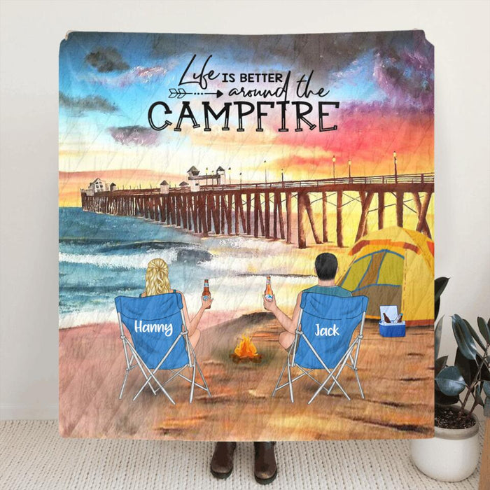 Custom Personalized Manhattan Beach Camping Fleece/ Quilt Blanket - Adult/ Couple/ Parents With Upto 2 Kids And 3 Pets - Gift Idea For Family/ Camping Lover - Life Is Better Around The Campfire