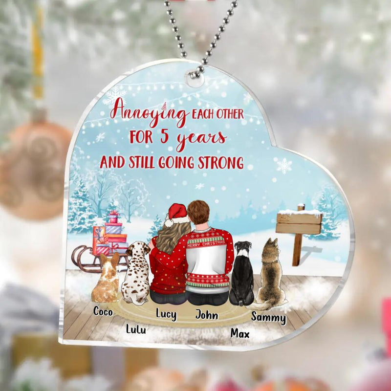 Personalized Couple Heart Acrylic Ornament - Up to 4 Dogs - Christmas Gift Idea For Dog Lovers - Annoying Each Other For Years And Still Going Strong