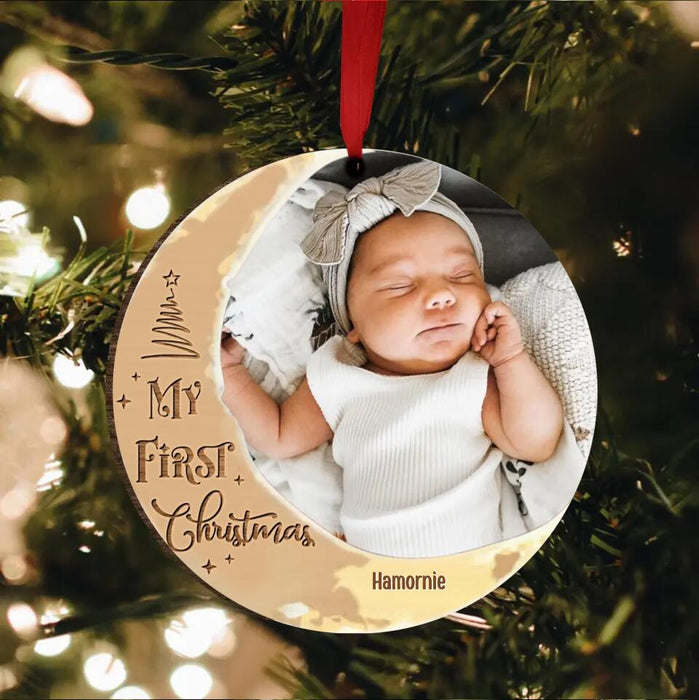Custom Personalized Christmas Circle Wooden Ornament - Upload Baby Photo - My First Christmas