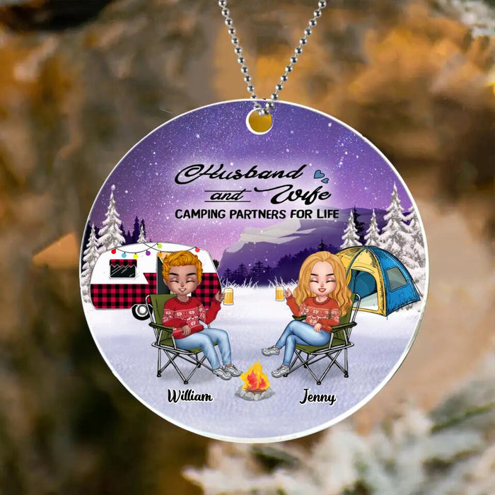 Custom Personalized Camping Couple Xmas Acrylic Ornament - Christmas Gift For Couple/ Camping Lover/ Dog Lover - Upto 4 Dogs - Husband And Wife Camping Partners For Life