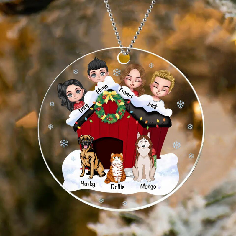 Personalized Christmas Family With Pet Circle Acrylic Ornament - Christmas Gift For Family/Dog/Cat Lover - Parents/Couple With Up to 2 Kids And 4 Pets