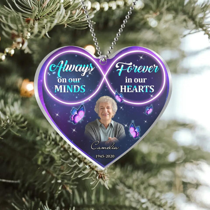 Custom Personalized Memorial Photo Heart Acrylic Ornament - Memorial Gift Idea - Always On Our Minds Forever In Our Hearts