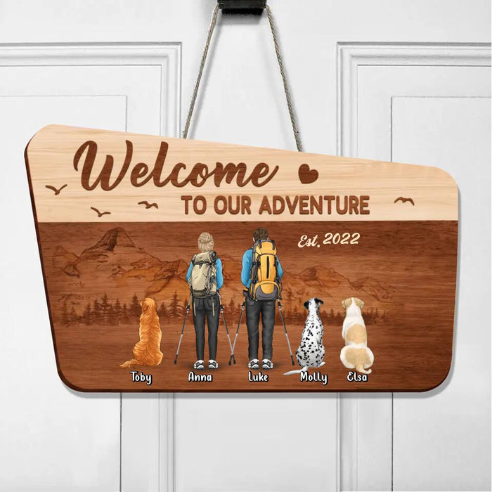 Personalized Hiking Couple Wooden Sign - Couple With Upto 3 Dogs - Gift Idea For Couple/ Hiking/ Dog Lover - Welcome To Our Adventure