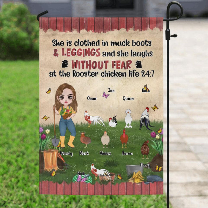 Custom Personalized Chicken Flag Sign - Upto 9 Chickens - Gift Idea For Chicken Lovers - She Is Clothed In Muck Boots & Leggings And She Laughs Without Fear At The Rooster Chicken Life