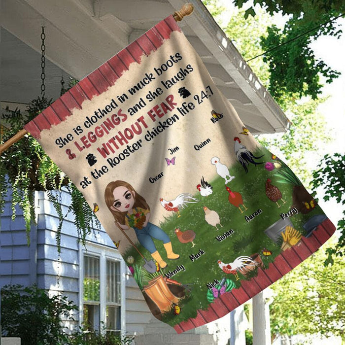 Custom Personalized Chicken Flag Sign - Upto 9 Chickens - Gift Idea For Chicken Lovers - She Is Clothed In Muck Boots & Leggings And She Laughs Without Fear At The Rooster Chicken Life