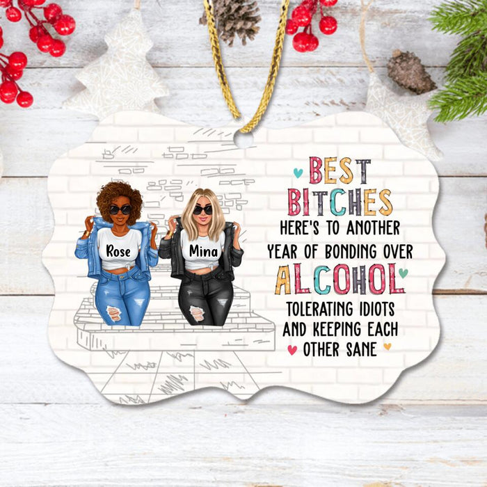 Custom Personalized Besties Rectangle Wooden Ornament - Upto 4 Girls - Christmas Gift Idea For Besties/Friends - Here's To Another Year Of Bonding Over Alcohol