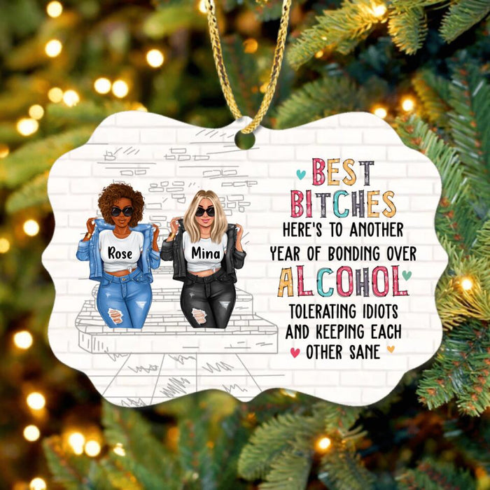 Custom Personalized Besties Rectangle Wooden Ornament - Upto 4 Girls - Christmas Gift Idea For Besties/Friends - Here's To Another Year Of Bonding Over Alcohol